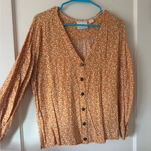 Anthropologie Maeve Floral Button-Front Blouse in Mustard & White